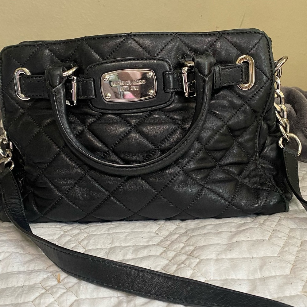 Michael Kors Black Quilted Satchel with Silver Hardware